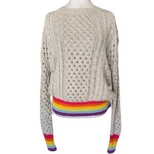 Le Superbe Medium Gray Cable Knit Cotton Cashmere Rainbow Trim Sweater Pride